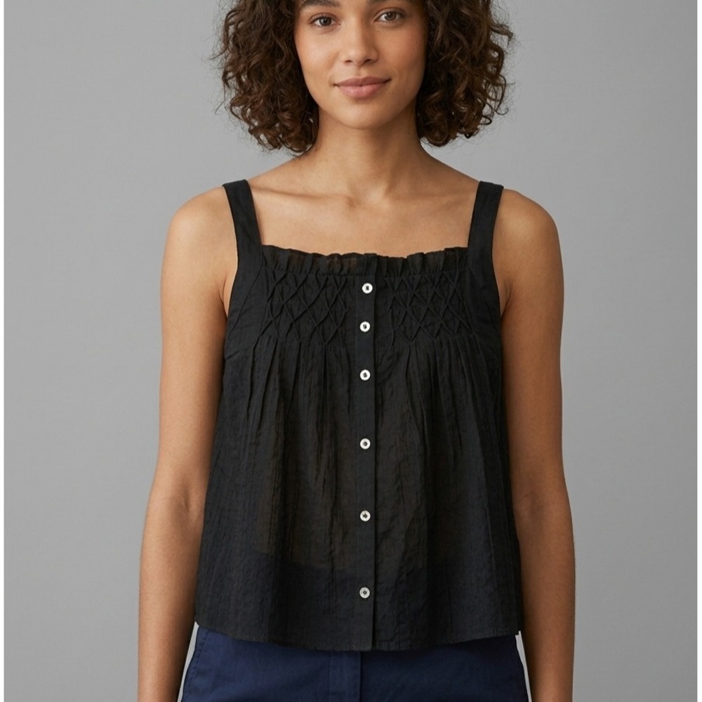 J.Crew Tank Top Womens Size Small Black Smocked Crinkle Button Front Ruffle NWT